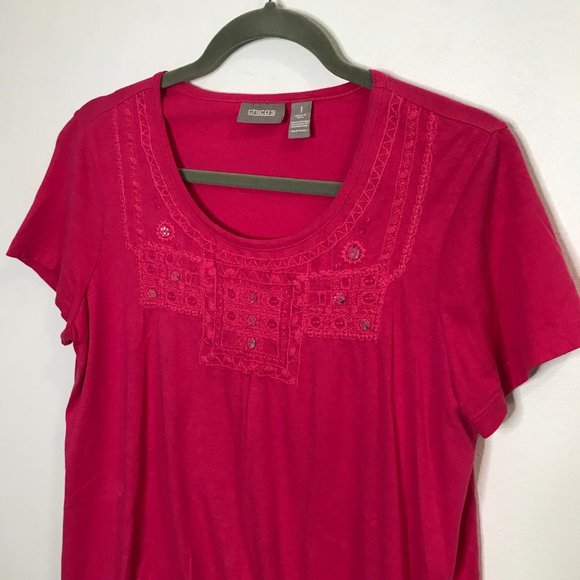 Chico's Pink Sequin T-shirt Blouse 1 / MEDIUM M Drawstring Waist 100% Cotton - Picture 2 of 7